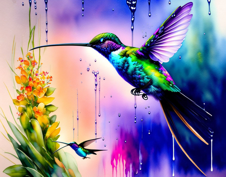 Colorful hummingbird illustration with flowers and raindrops on watercolor background.