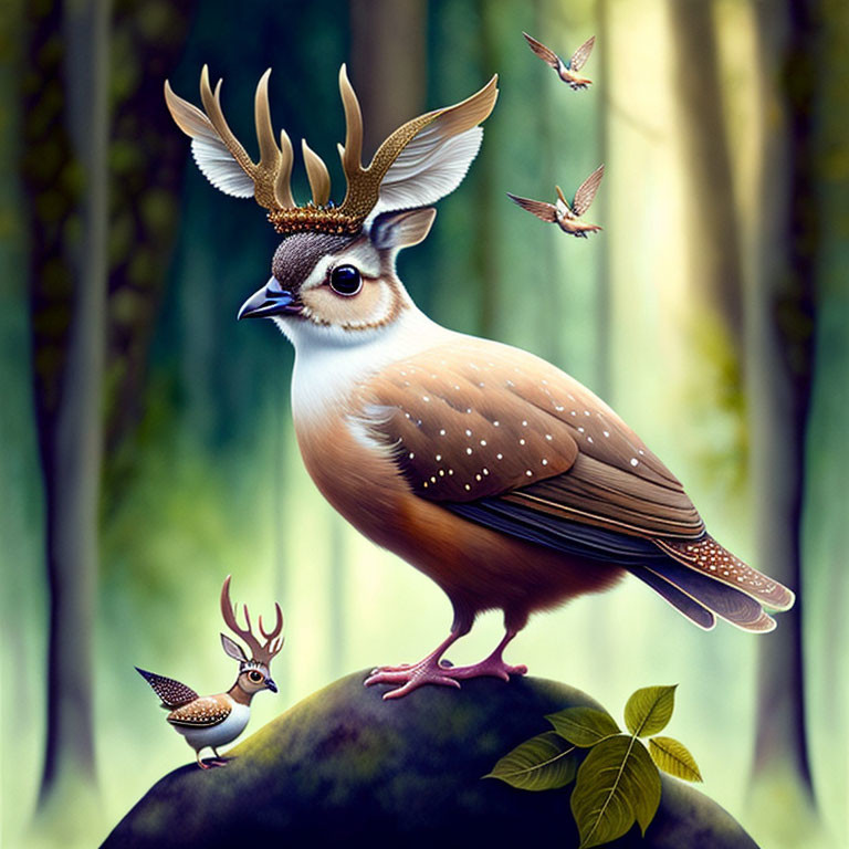 Illustration of bird with deer antlers in mystical forest