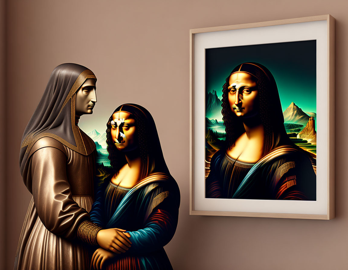 3D-rendered figures with classic painting style, framed image on plain background