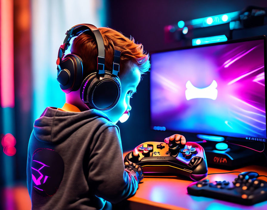 Young Gamer in Colorful Gaming Setup with Headphones and Controller