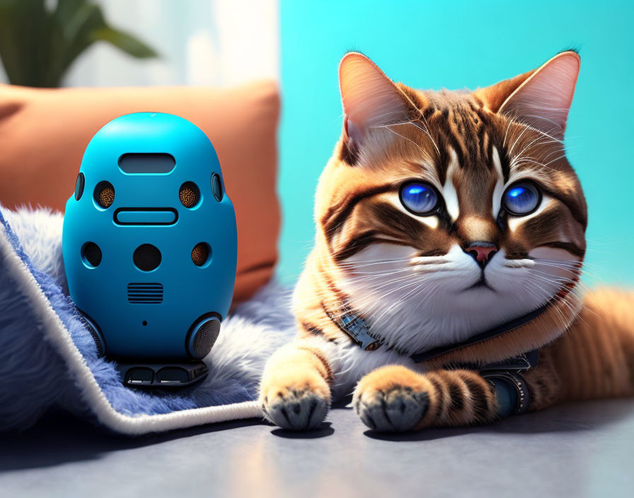 Digitally enhanced cat with blue eyes next to speaker on teal background.