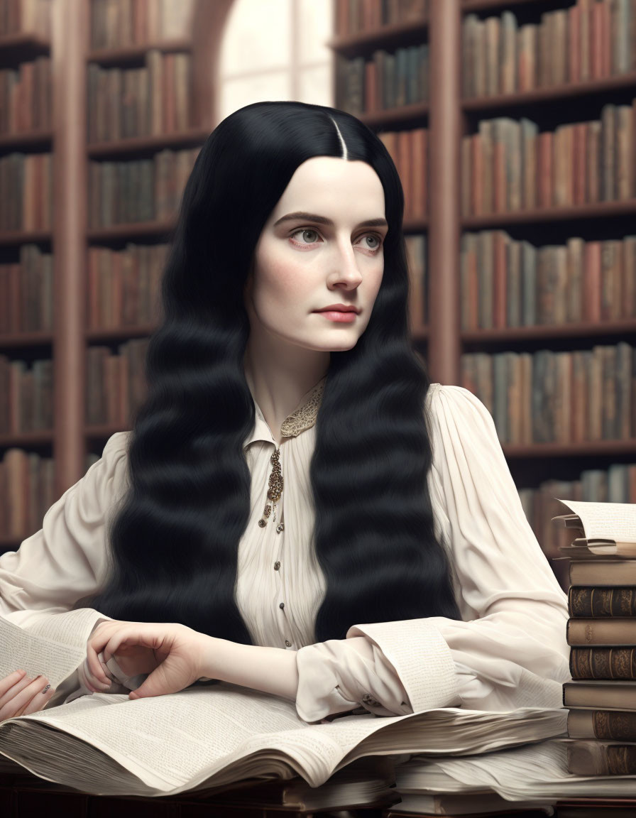 Woman reading book in library setting with shelves of books