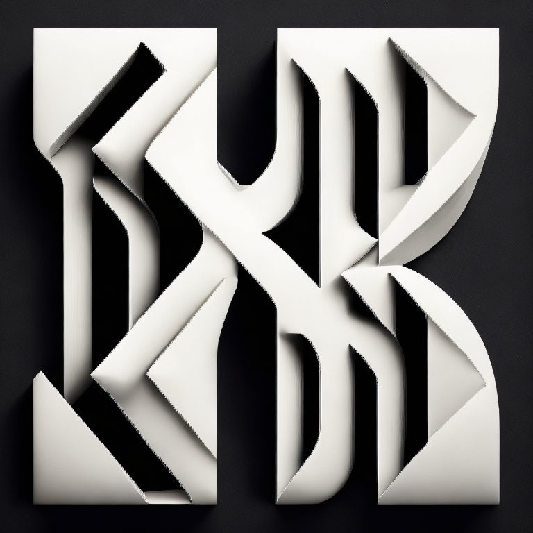 Intricate 3D paper art of "KYK" letters with bold shadows on black background