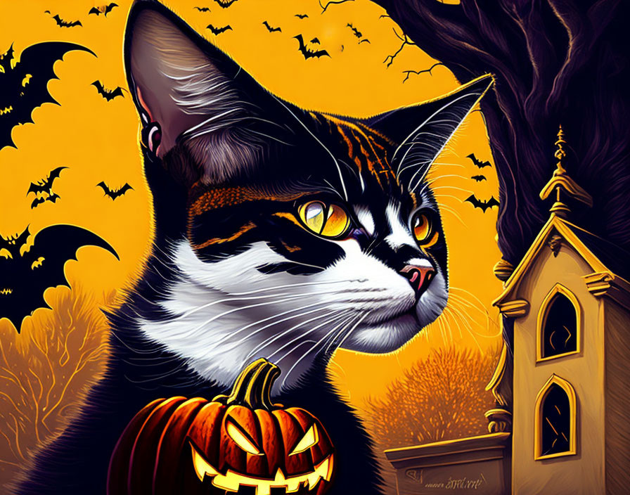 Stylized black and white cat with yellow eyes next to a pumpkin in Halloween scene