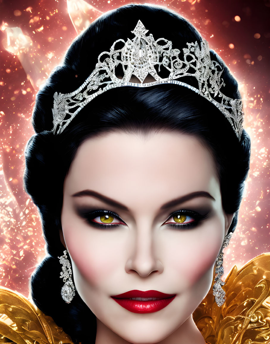 Woman with Yellow Eyes in Sparkling Tiara and Earrings Against Fiery Background