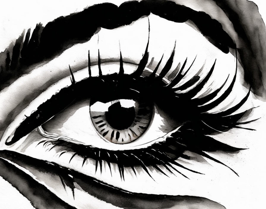 Detailed black and white human eye drawing with intricate eyelashes and eyebrow in high contrast ink or watercolor