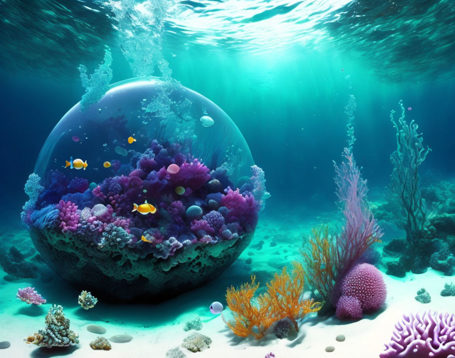 Vibrant coral and fish in transparent underwater bubble