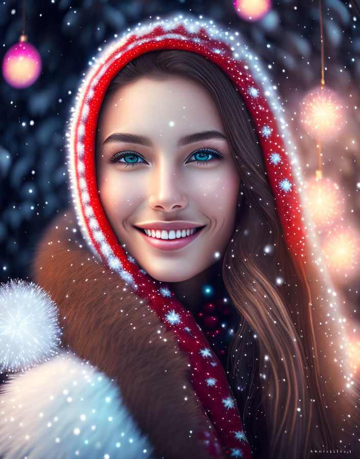 Smiling woman in winter hood with blue eyes and snowflakes