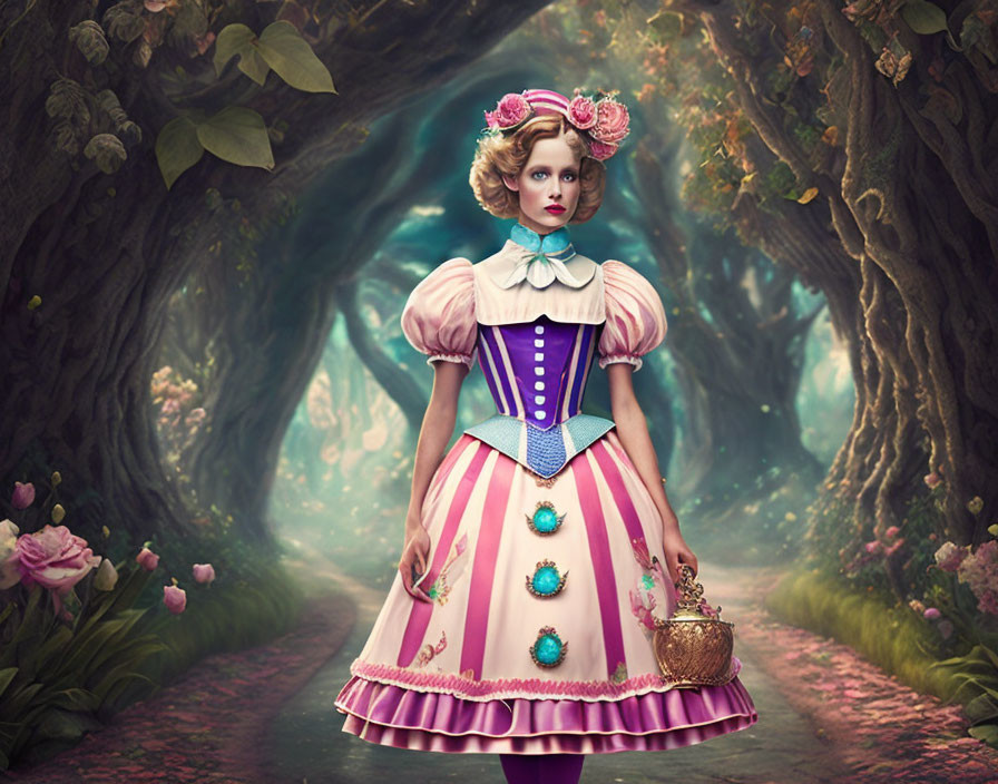 Elaborate vintage dress woman in whimsical forest pathway