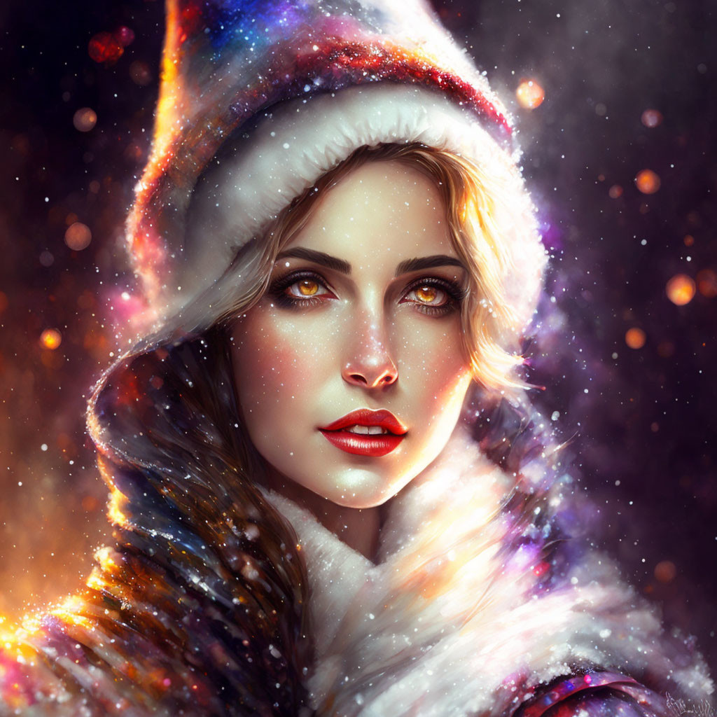 Portrait of woman with amber eyes in Santa hat & coat in snowy setting