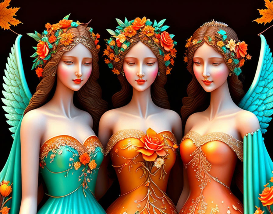 Stylized women with angel wings and floral headdresses in orange and blue fantasy art.