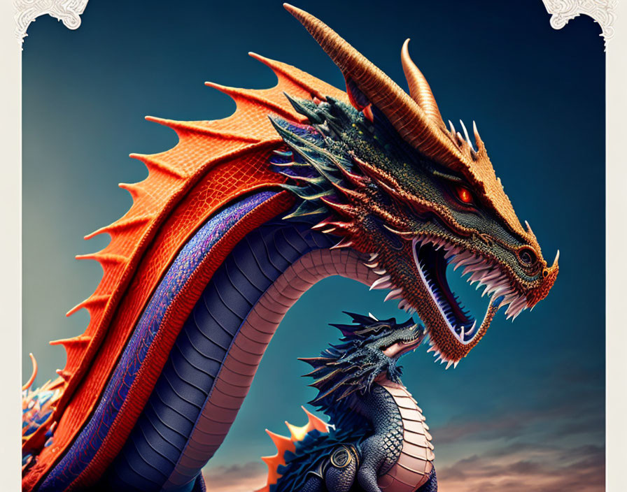 Vibrant digital illustration of two dragons in dusk sky