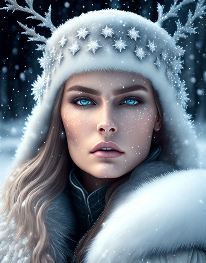 Woman with Blue Eyes in Snowflake-Adorned White Hood