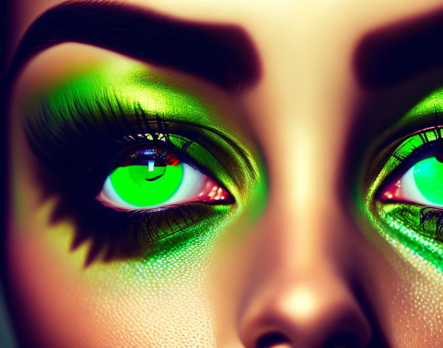 Striking green eyes with vivid green eyeshadow and long lashes