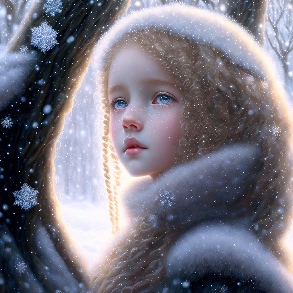 Young girl with blue eyes in furry hood gazes in wintry forest