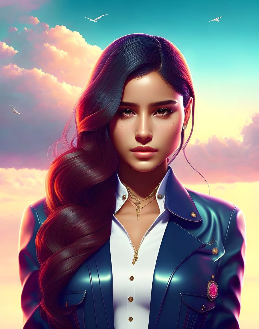 Digital artwork: Woman with long wavy hair in blue jacket against pink & blue sunset sky.