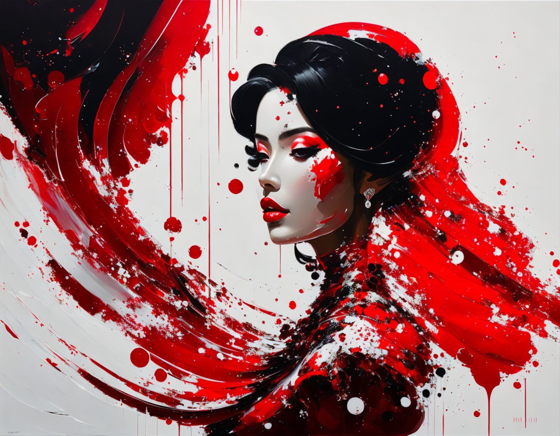 Stylized portrait of woman with red accents on white background