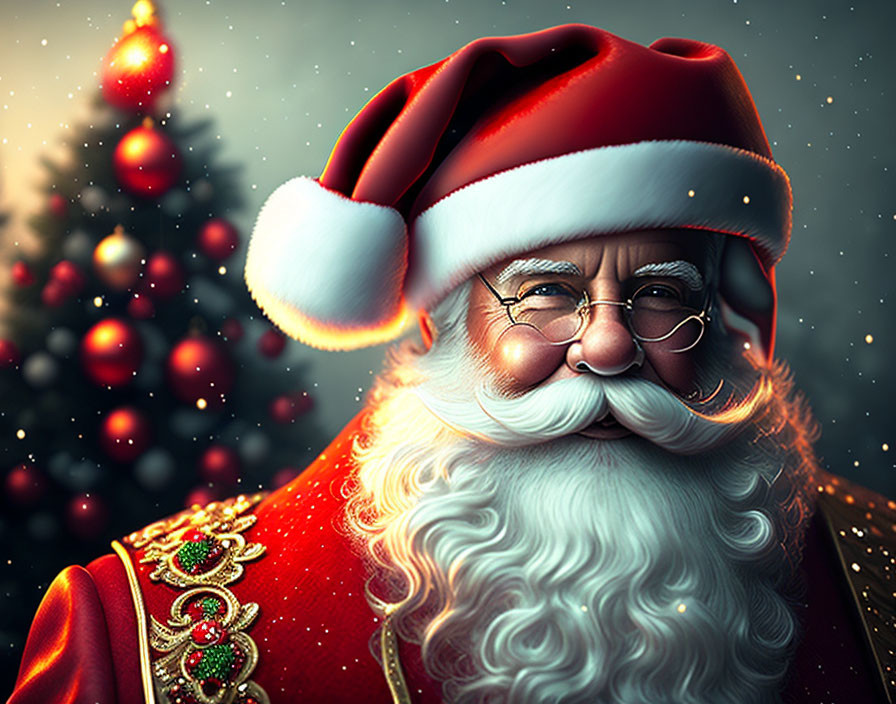 Cheerful Santa Claus with white beard and red hat, next to Christmas tree