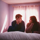 Man covering face, woman smiling on bed in purple room with lit window