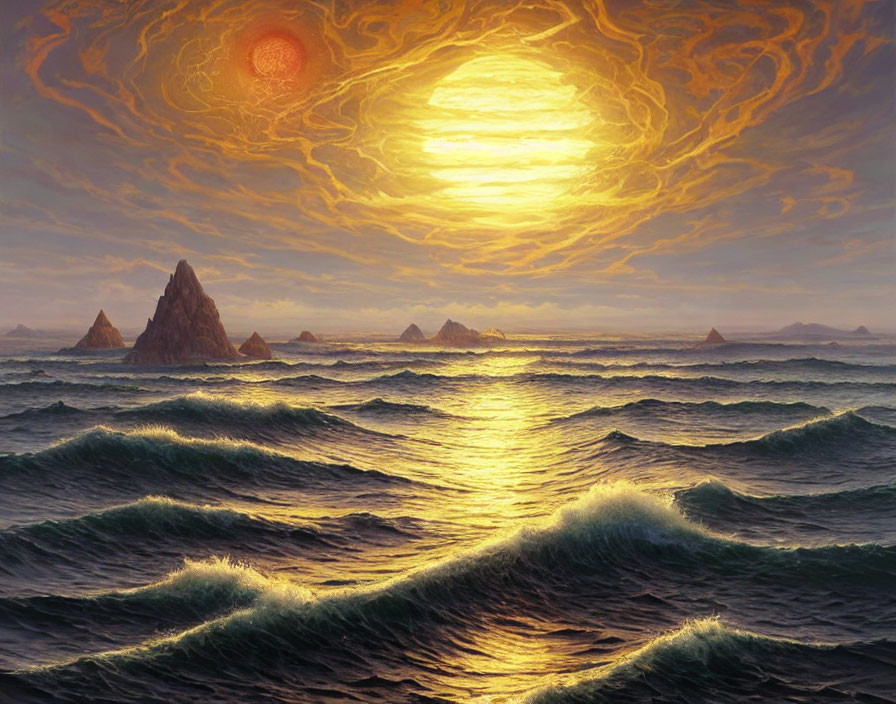 Surreal seascape with fiery sun setting over ocean