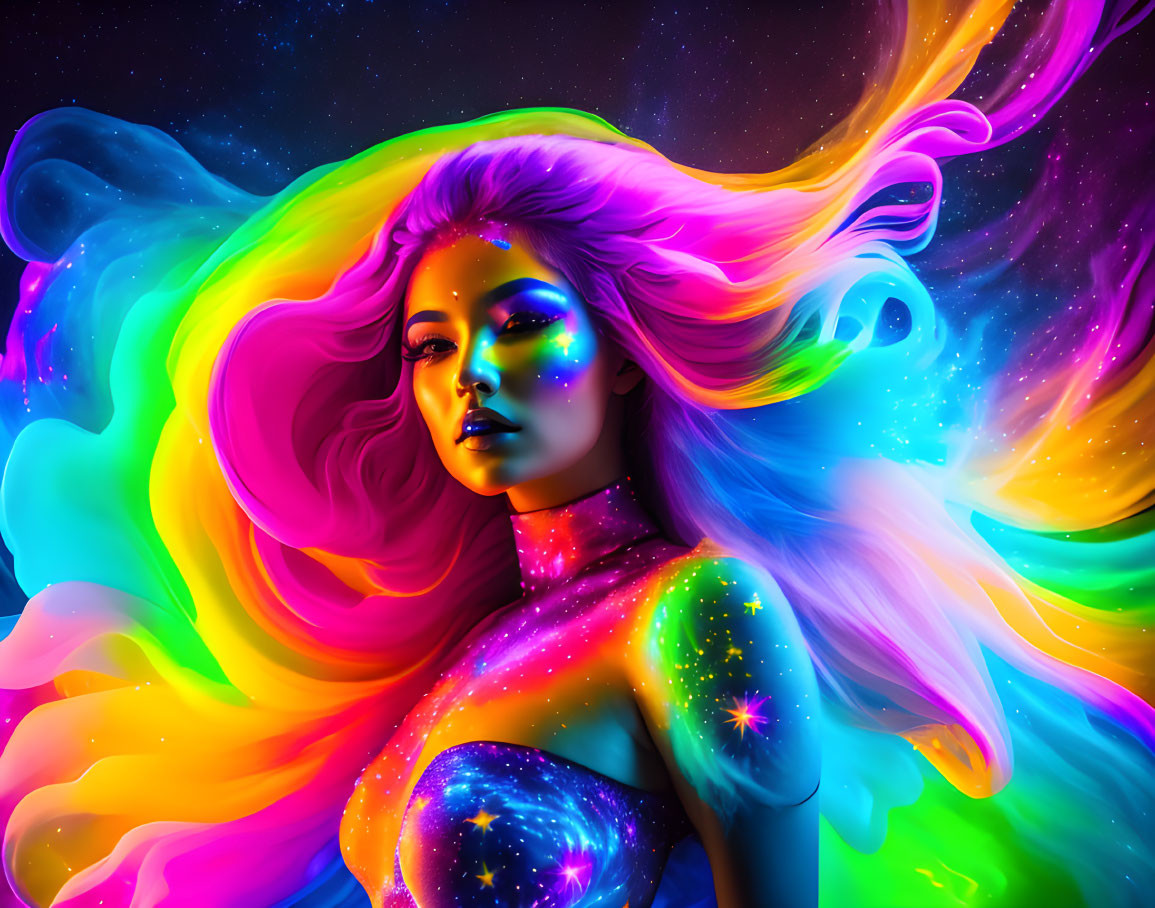 Colorful digital artwork: Woman with galaxy body paint and multicolored hair in space theme.