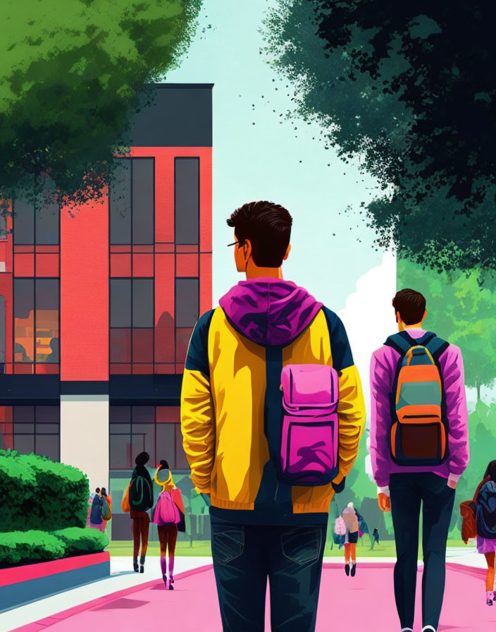 Young adults with backpacks walking towards modern campus building in digital illustration