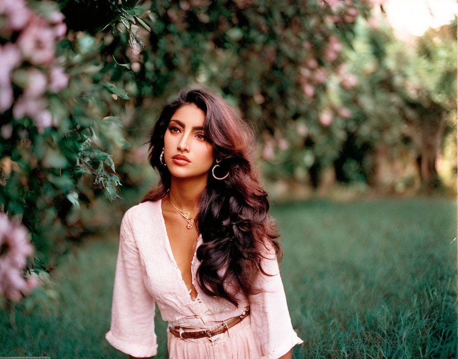 Woman with long dark hair in pink dress and gold jewelry surrounded by greenery and pink blossoms