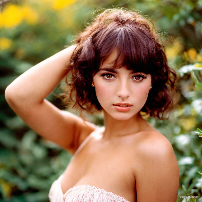 Short-haired woman with bangs posing against yellow flowers in strapless top