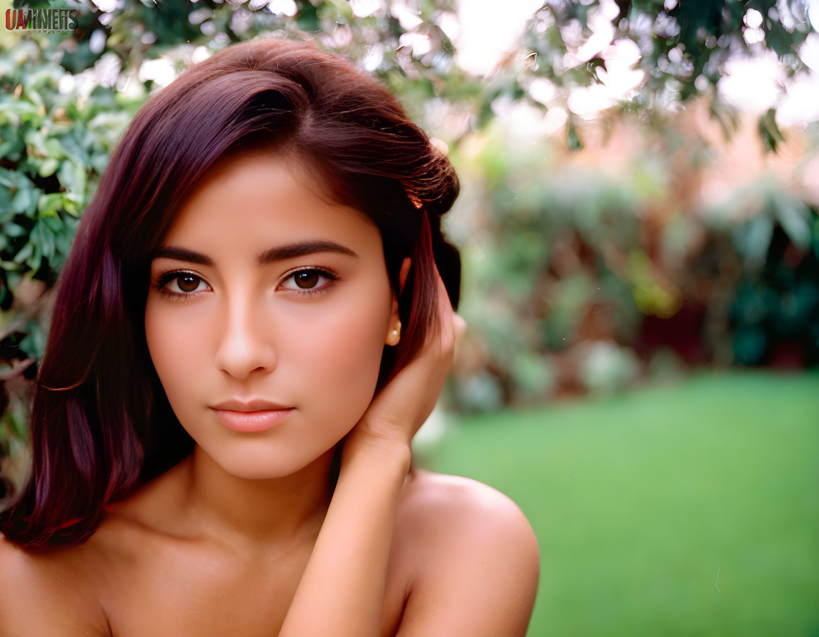 Dark-haired woman with expressive eyes gazing at camera with greenery background