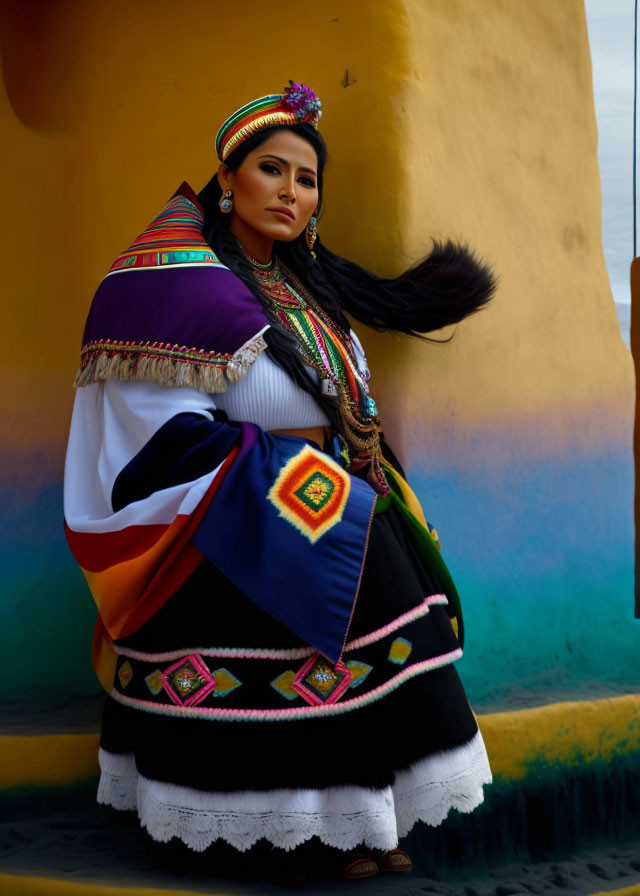 Andean woman in traditional dress by yellow wall