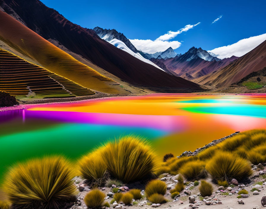 Colorful Rainbow Overlays Mountainous Landscape with Lake