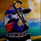 Andean woman in traditional dress by yellow wall