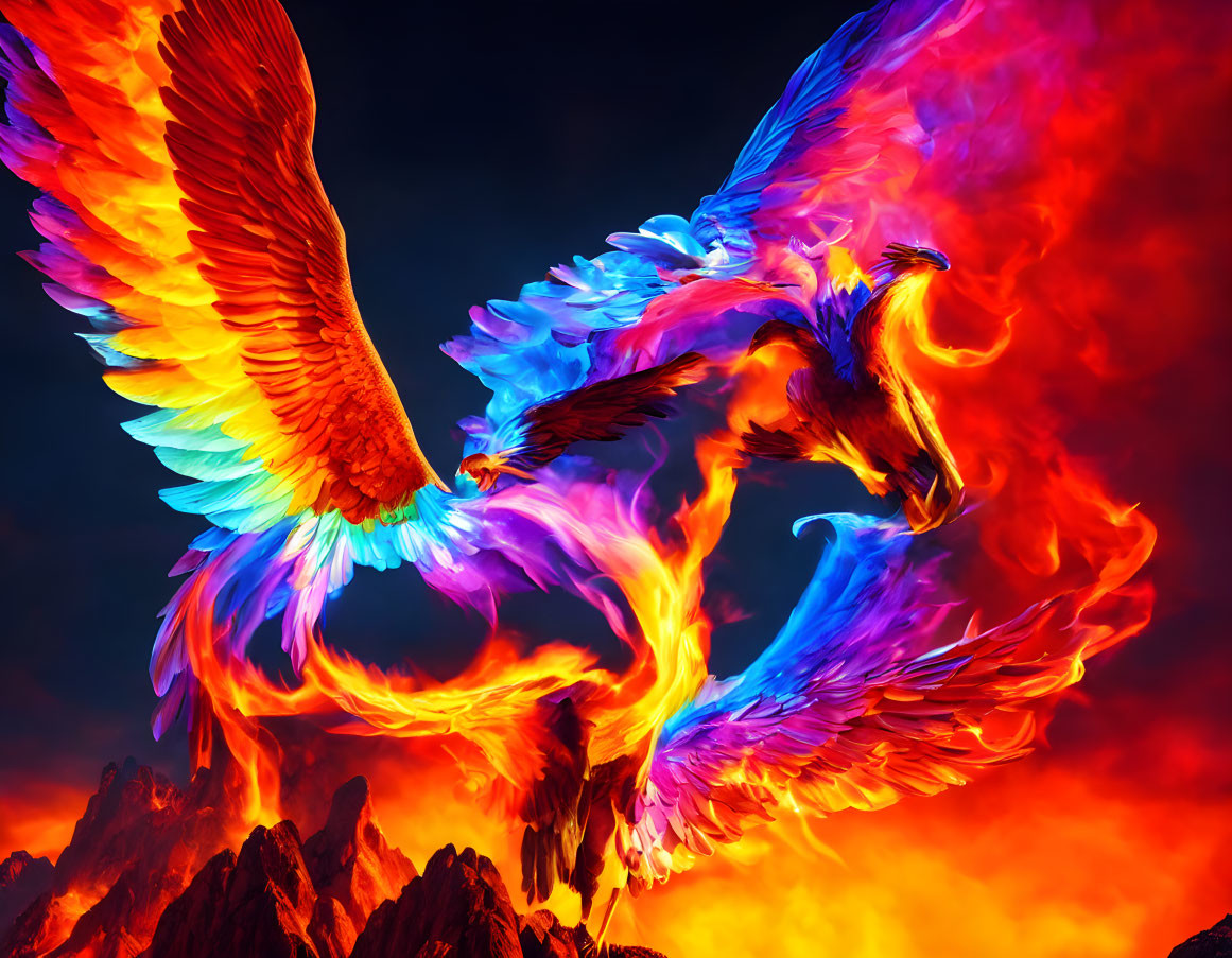 Vibrant multicolored phoenixes flying in fiery backdrop