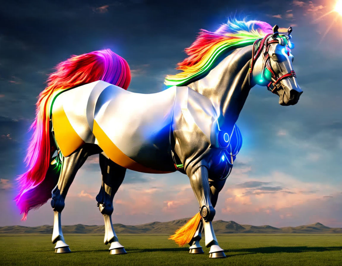 Metallic Finish Horse with Rainbow Mane and Dramatic Sky