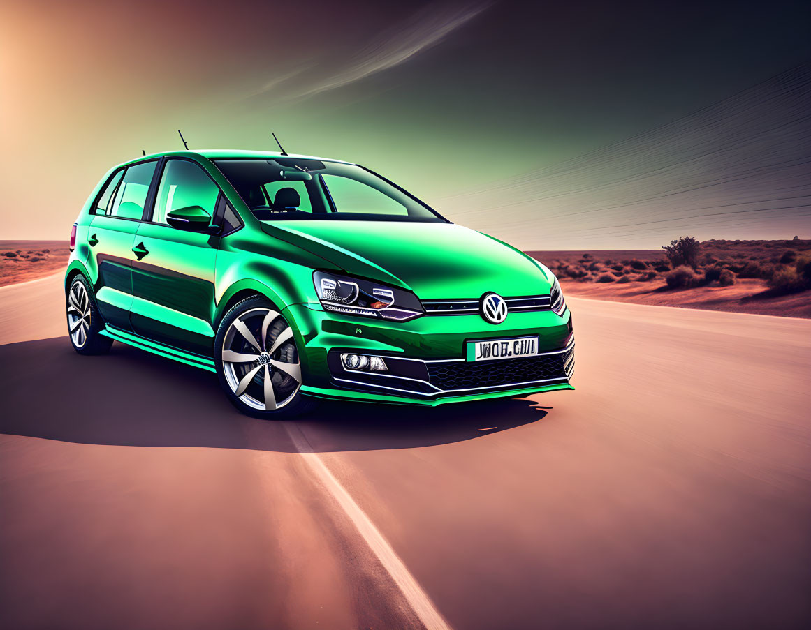 Green Volkswagen Polo on Desert Road at Sunset