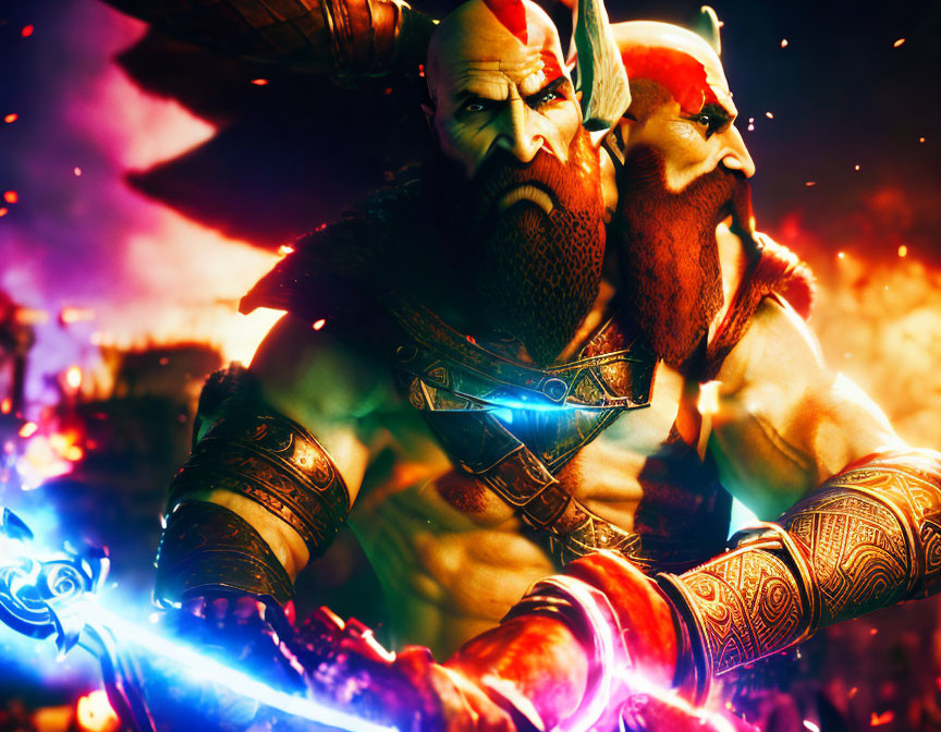 Two bearded warriors with glowing blue axe and red face paint in intense battle stance