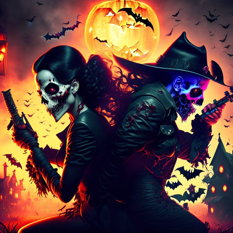 Stylized image: two people in skull makeup with guns, bats, pumpkin