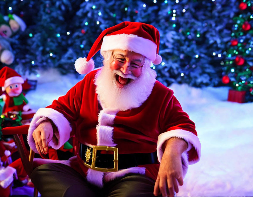 Santa Claus laughing in front of Christmas tree with elf figurine