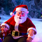 Santa Claus laughing in front of Christmas tree with elf figurine