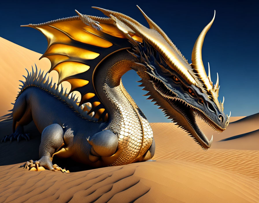 Golden dragon with large wings resting on desert sand dune