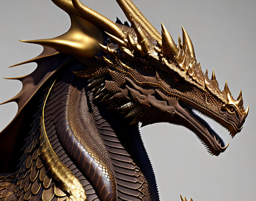 Detailed Multi-Headed Dragon with Golden Horns and Scales