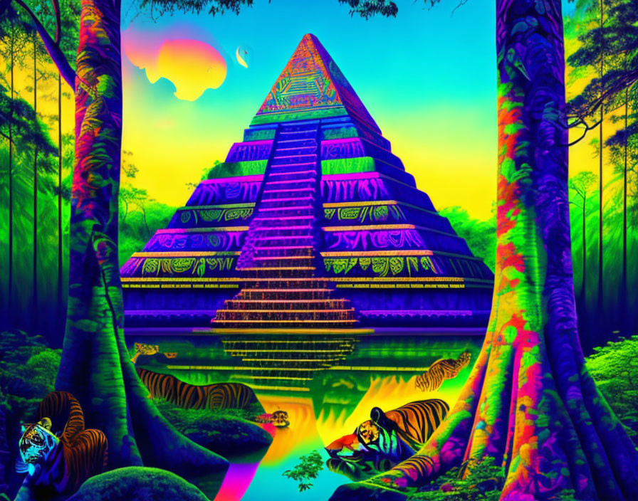 Colorful Mayan Pyramid Collage with Tigers & Crescent Moon