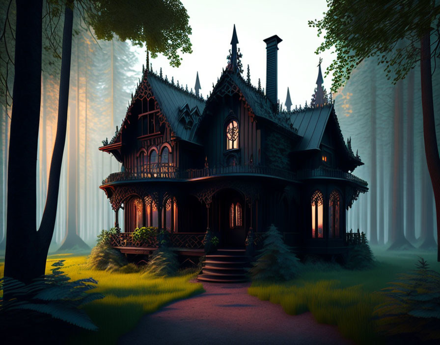 Gothic-style House in Forest at Dusk with Illuminated Windows