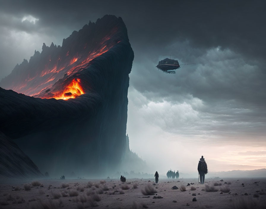 Person, camels, spaceship near towering fiery volcano in stormy twilight sky