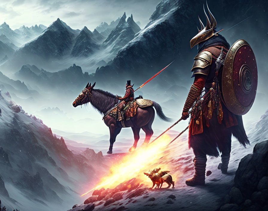 Armored warrior with fiery spear and horse in snowy mountain landscape.