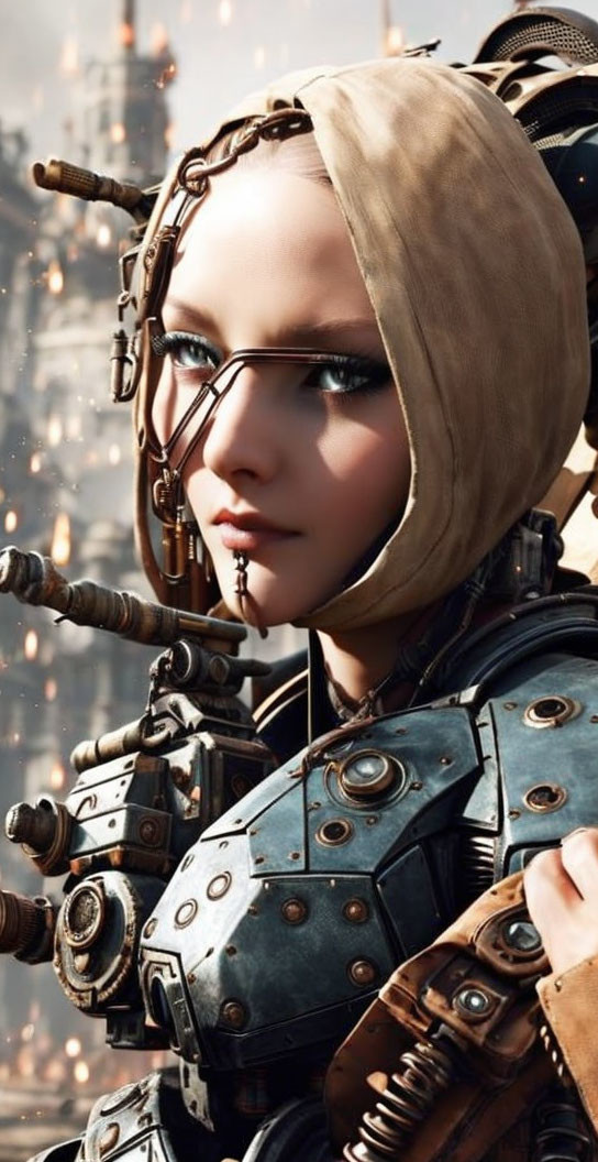 Female robot portrait with headscarf and glasses, showing human-like features.