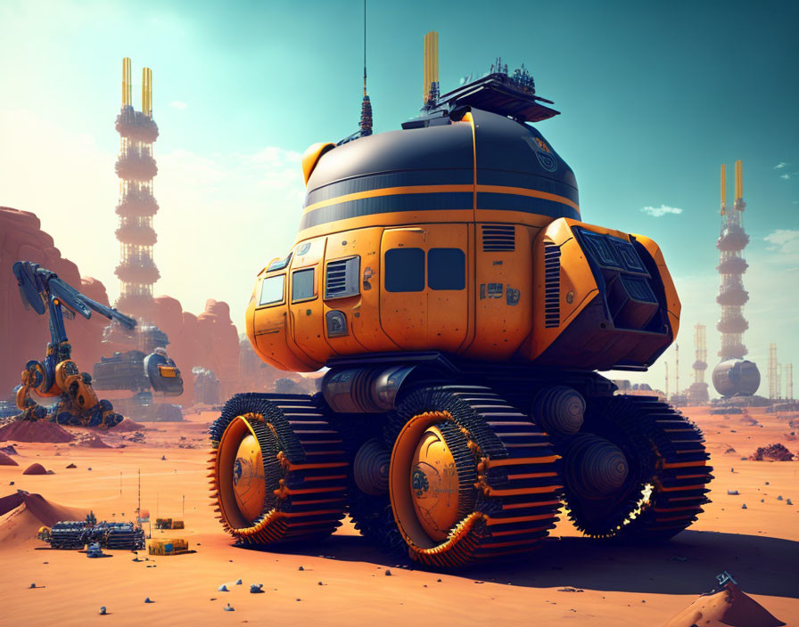 Futuristic rover on alien desert planet with robot and tall structures