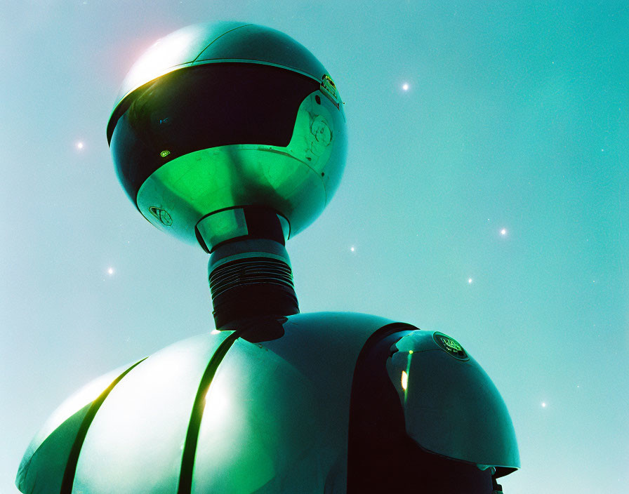 Futuristic spherical-headed robot on starry sky background