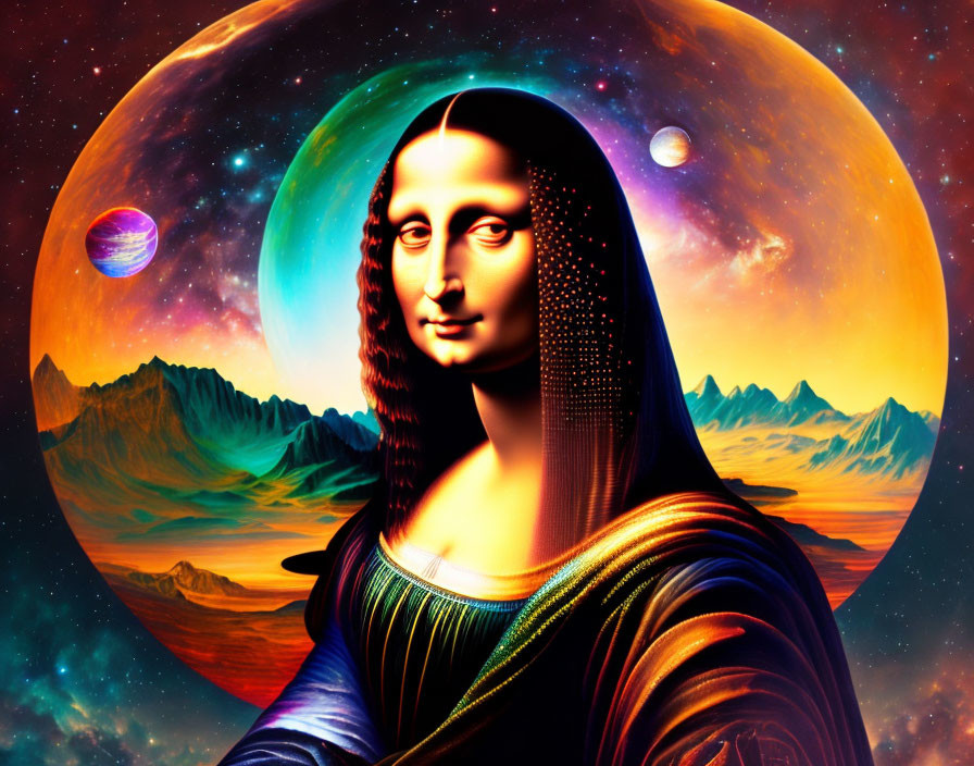 Surreal artwork: Mona Lisa merged with cosmic scenery