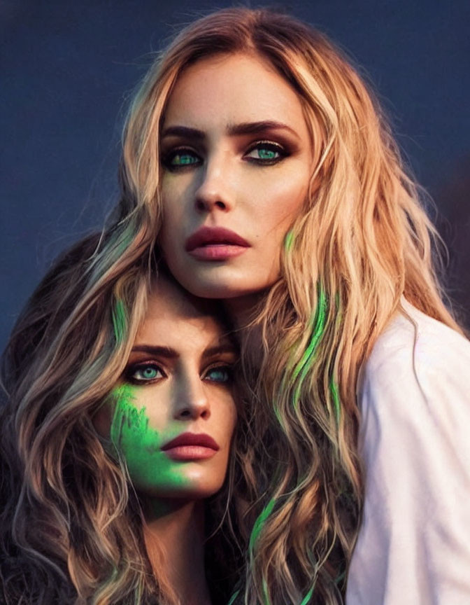 Two women with green eyes and blond hair against blue backdrop.